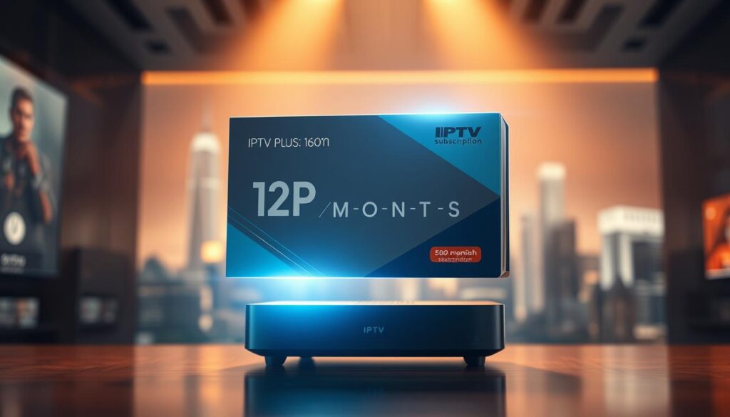 A dynamic 12-month IPTV subscription package hovers in the foreground, casting a vibrant glow. The package is adorned with sleek, modern design elements, conveying a sense of high-quality and premium service. In the middle ground, a state-of-the-art IPTV set-top box sits prominently, highlighting the seamless integration of hardware and software. The background features a softly blurred cityscape, suggesting the global reach and accessibility of the IPTV service. The overall scene is lit by warm, directional lighting, creating a sense of sophistication and technological prowess. The mood is one of excitement and anticipation, inviting the viewer to discover the advantages of a 12-month IPTV subscription with IPTV PLUS.