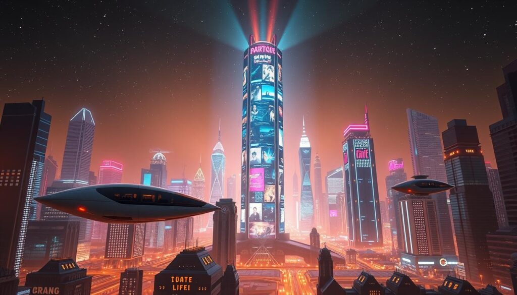 A dynamic, futuristic cityscape at night, with a towering, holographic display in the center showcasing a vibrant, ever-changing array of streaming media content. The foreground features sleek, hovering transport pods gliding through the air, while in the middle ground, skyscrapers adorned with vibrant LED facades create an immersive, neon-lit atmosphere. The background is filled with a vast, starry sky, creating a sense of boundless possibility. The scene is illuminated by a warm, diffused lighting that casts a dreamlike glow over the entire composition, evoking a sense of technological advancement and the transformative power of the streaming revolution. A dynamic, futuristic cityscape at night, with a towering, holographic display in the center showcasing a vibrant, ever-changing array of streaming media content. The foreground features sleek, hovering transport pods gliding through the air, while in the middle ground, skyscrapers adorned with vibrant LED facades create an immersive, neon-lit atmosphere. The background is filled with a vast, starry sky, creating a sense of boundless possibility. The scene is illuminated by a warm, diffused lighting that casts a dreamlike glow over the entire composition, evoking a sense of technological advancement and the transformative power of the streaming revolution.