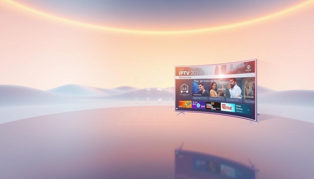 A futuristic IPTV interface floating in a sleek, minimalist 3D space. The foreground features a curved, holographic display showcasing a variety of streaming services and content, with intuitive touch controls. The middle ground has a translucent grid of floating icons representing different IPTV features and smart home integrations. The background is a serene, ethereal landscape with a soft gradient of blues and purples, evoking a sense of technological advancement and interconnectivity. Warm lighting from an unseen source creates depth and highlights the fluid, innovative design. The overall mood is one of sophistication, seamlessness, and the evolution of IPTV technology.
