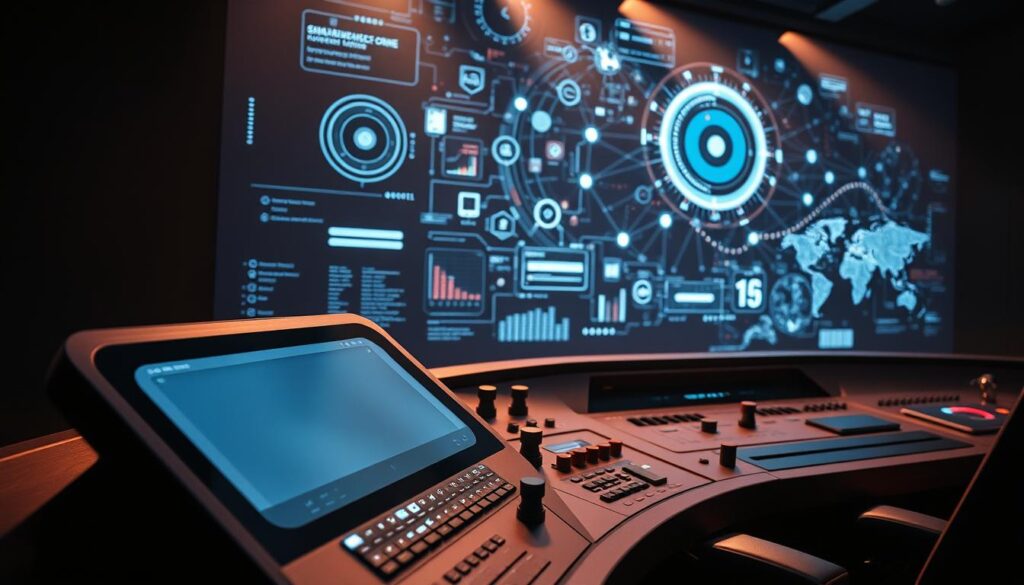 A high-tech control panel with sleek, futuristic design elements. The foreground features a large, curved display with a minimalist interface, emanating a soft, ambient glow. The middle ground showcases various input devices and control surfaces, including touch-sensitive pads, knobs, and sliders, all in a muted, metallic color palette. The background depicts a vibrant, holographic visualization, showcasing dynamic data visualizations and intricate network diagrams, creating a sense of technological sophistication. Dramatic, directional lighting casts long shadows, enhancing the depth and three-dimensional feel of the scene. The overall atmosphere is one of cutting-edge innovation, precision, and a vision of the future of IPTV technology. A high-tech control panel with sleek, futuristic design elements. The foreground features a large, curved display with a minimalist interface, emanating a soft, ambient glow. The middle ground showcases various input devices and control surfaces, including touch-sensitive pads, knobs, and sliders, all in a muted, metallic color palette. The background depicts a vibrant, holographic visualization, showcasing dynamic data visualizations and intricate network diagrams, creating a sense of technological sophistication. Dramatic, directional lighting casts long shadows, enhancing the depth and three-dimensional feel of the scene. The overall atmosphere is one of cutting-edge innovation, precision, and a vision of the future of IPTV technology.