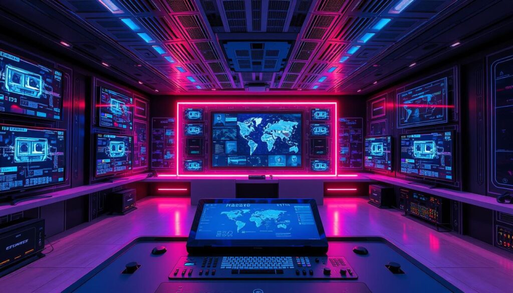 A high-tech control room filled with futuristic IPTV displays, monitors, and holographic interfaces. Sleek, minimalist design with a clean, modern aesthetic. Ambient blue and purple lighting creates a serene, futuristic atmosphere. Intricate circuit boards, data visualizations, and digital overlays convey the advanced, interconnected nature of IPTV technology. A central control panel with touchscreens, knobs, and buttons allows for precise management of the IPTV system. The scene exudes a sense of innovation, efficiency, and the seamless integration of digital media and telecommunications.