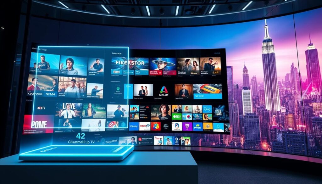 A high-tech, futuristic display showcasing an array of IPTV channels and services. In the foreground, a sleek, holographic interface hovers above a minimalist control panel, allowing seamless navigation through a vast selection of live TV, on-demand content, and personalized recommendations. The middle ground features a panoramic screen displaying vibrant, ultra-high-definition visuals of various programming, from news and sports to movies and entertainment. In the background, a dynamic, neon-infused cityscape sets the scene, hinting at the cutting-edge technology and innovation that powers this revolutionary IPTV platform. The overall atmosphere exudes a sense of modernity, sophistication, and the promise of a transformative viewing experience.