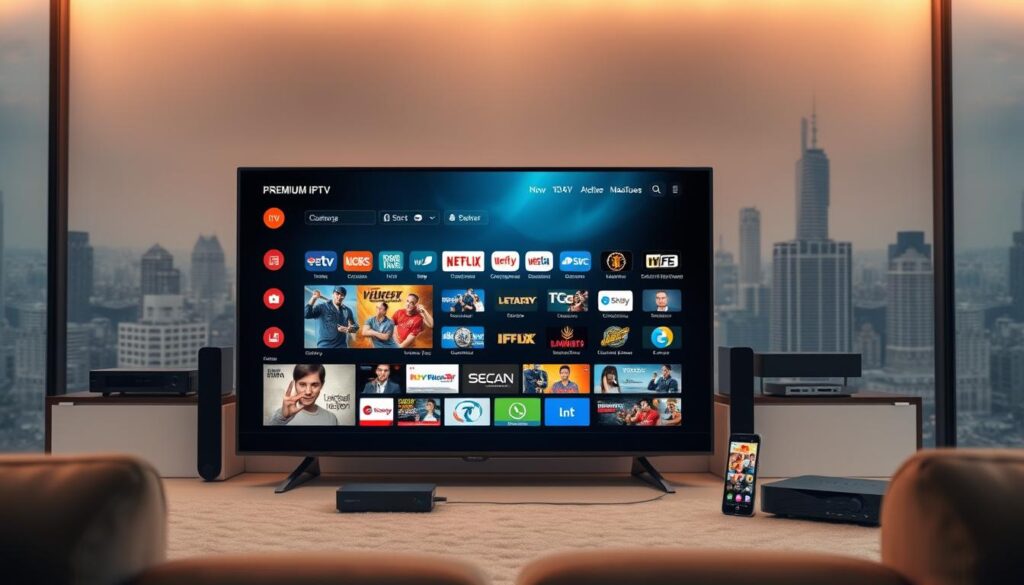 A premium IPTV (Internet Protocol Television) service, showcasing a sleek and modern interface. In the foreground, a high-definition display presents a diverse array of live TV channels, on-demand content, and advanced features. The middle ground features various connected devices, such as smart TVs, set-top boxes, and mobile devices, seamlessly integrating the IPTV experience. The background depicts a cityscape, representing the global reach and connectivity of the premium IPTV service. The lighting is soft and warm, creating a comfortable and inviting atmosphere. The overall composition conveys the power, convenience, and sophistication of a top-tier IPTV subscription.