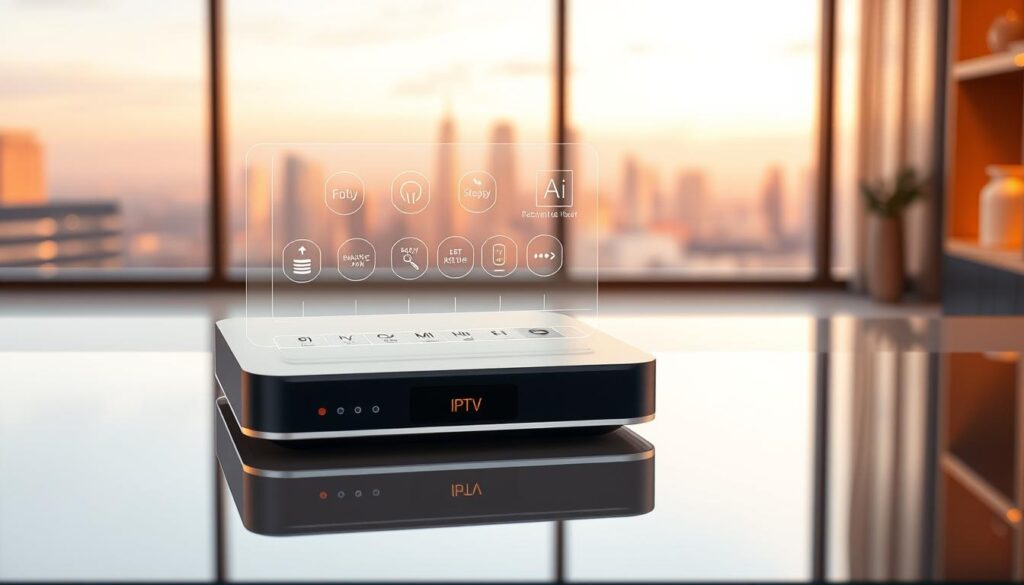 A sleek and modern IPTV set-top box rests atop a minimalist glass and metal surface, its reflective surface mirroring the surrounding environment. The device's intelligent interface is represented by a holographic display, showcasing intuitive menus and AI-powered content recommendations. The background features a softly blurred cityscape, hinting at the device's advanced connectivity and integration with smart home technologies. Warm, directional lighting accentuates the smooth lines and premium materials of the IPTV box, conveying a sense of sophistication and innovation. The overall scene evokes a vision of the future of home entertainment, where intelligent IPTV systems seamlessly blend with cutting-edge artificial intelligence.