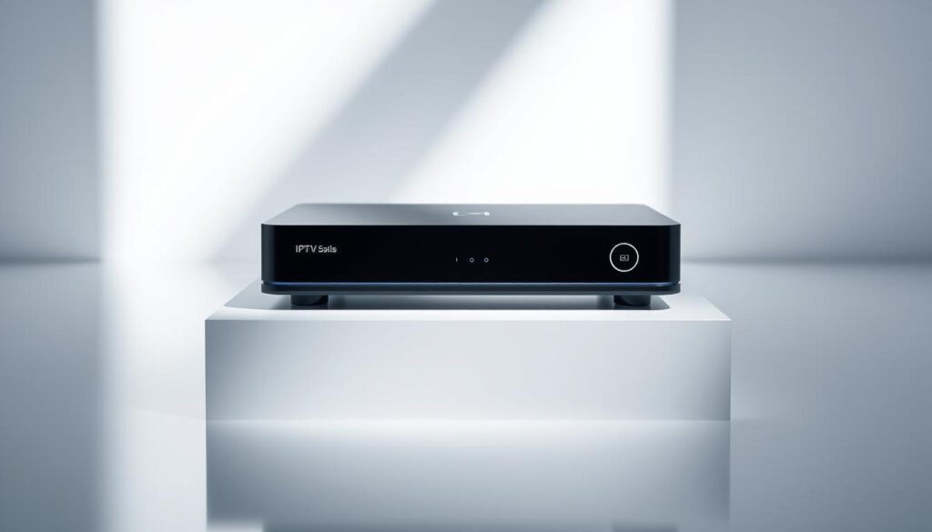 A sleek, modern IPTV set-top box displayed in a minimalist, well-lit studio setting. The device sits atop a clean, reflective surface, casting a subtle shadow. The frame is carefully composed to showcase the essential selection criteria - video and audio quality, smart features, user interface, connectivity options, and value proposition. The overall mood is one of sophistication and technological prowess, reflecting the high-quality IPTV solutions highlighted in the article.