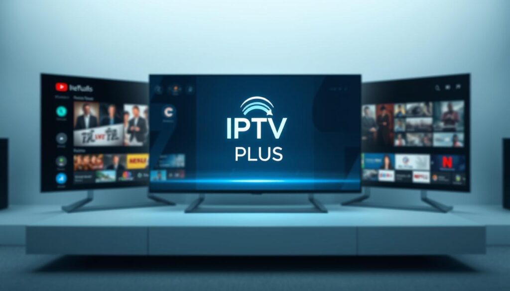 A striking digital illustration of the IPTV PLUS service, showcasing its premium features. The image depicts a sleek, modern interface with a clean, minimalist design. In the foreground, a high-definition television screen displays a variety of content options, including live TV channels, on-demand movies, and a user-friendly menu. The middle ground features a stylized IPTV PLUS logo, prominently displayed and surrounded by elegant, futuristic design elements. The background is a soft, blurred gradient, creating a sense of depth and focus on the main subject. The overall mood is one of sophistication, innovation, and the promise of a premium IPTV experience.