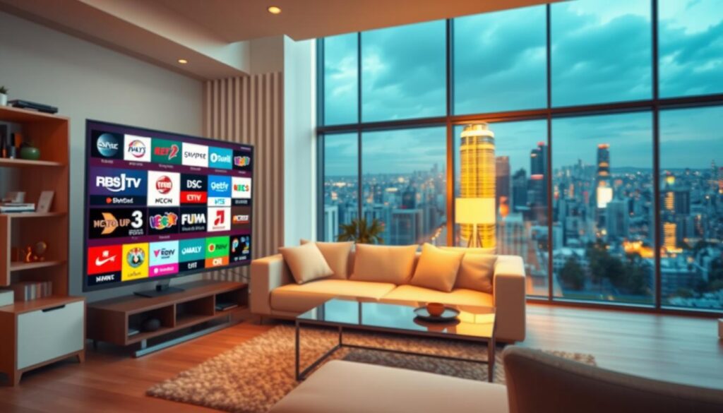 A vibrant and dynamic scene showcasing the breadth of IPTV PLUS's diverse channel offerings. In the foreground, a sleek, modern television set displays a vivid array of channels, each with its own distinct logo and branding. The middle ground features a clutter-free, minimalist living room setting, with a comfortable couch and a coffee table, creating a sense of domestic tranquility. In the background, a panoramic window reveals a bustling city skyline, hinting at the global reach and comprehensive nature of the IPTV PLUS service. The lighting is warm and inviting, creating a cozy and immersive atmosphere. The overall composition conveys a sense of quality, variety, and the seamless integration of IPTV PLUS into the modern home. A vibrant and dynamic scene showcasing the breadth of IPTV PLUS's diverse channel offerings. In the foreground, a sleek, modern television set displays a vivid array of channels, each with its own distinct logo and branding. The middle ground features a clutter-free, minimalist living room setting, with a comfortable couch and a coffee table, creating a sense of domestic tranquility. In the background, a panoramic window reveals a bustling city skyline, hinting at the global reach and comprehensive nature of the IPTV PLUS service. The lighting is warm and inviting, creating a cozy and immersive atmosphere. The overall composition conveys a sense of quality, variety, and the seamless integration of IPTV PLUS into the modern home.